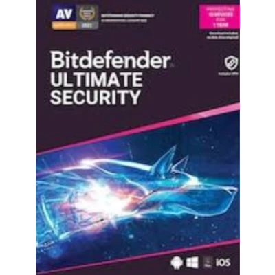 alt=Bitdefender Ultimate Security packaging featuring a glowing wolf design, highlighting its cybersecurity protection capabilities.