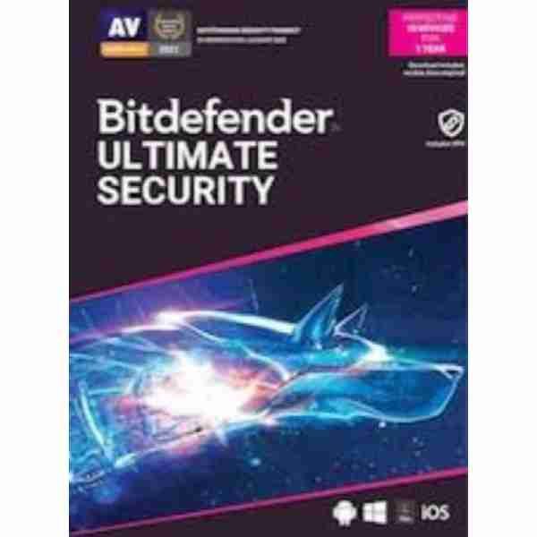alt=Bitdefender Ultimate Security packaging featuring a glowing wolf design, highlighting its cybersecurity protection capabilities.