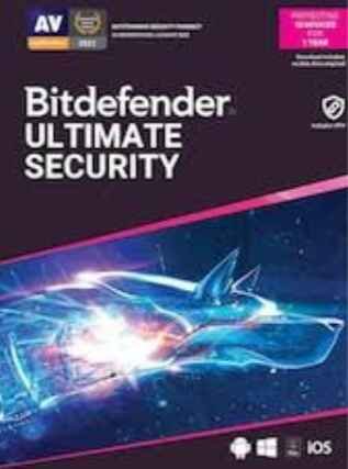 alt=Bitdefender Ultimate Security packaging featuring a glowing wolf design, highlighting its cybersecurity protection capabilities.