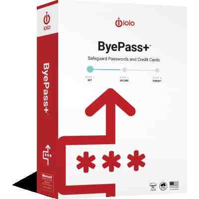 alt=Package for iolo's ByePass+, a password and credit card manager, illustrating the steps: Set, Secure, Forget with a password icon.