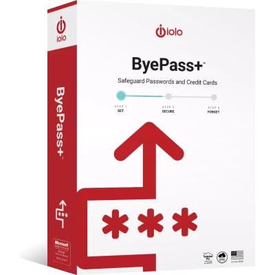 alt=Package for iolo's ByePass+, a password and credit card manager, illustrating the steps: Set, Secure, Forget with a password icon.