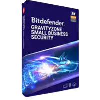 alt=Bitdefender GravityZone Small Business Security software box featuring a blue and purple design with a digital security theme.