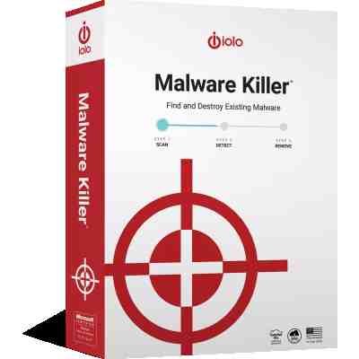 alt=Box design for iolo's Malware Killer, featuring a target graphic and steps: Scan, Detect, Remove. Tagline emphasizes malware protection.