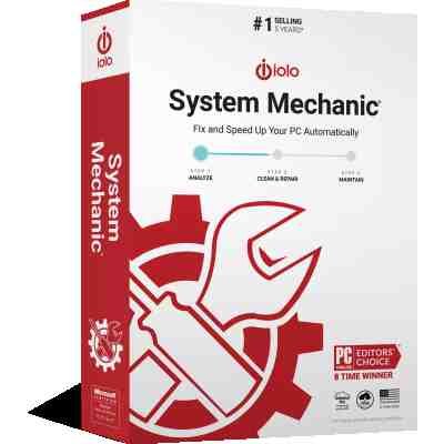 alt=Box design for iolo System Mechanic software, featuring logo, steps to fix PCs, and accolades as a top-selling product.