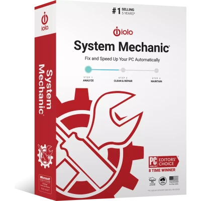 alt=Box design for iolo System Mechanic software, featuring logo, steps to fix PCs, and accolades as a top-selling product.