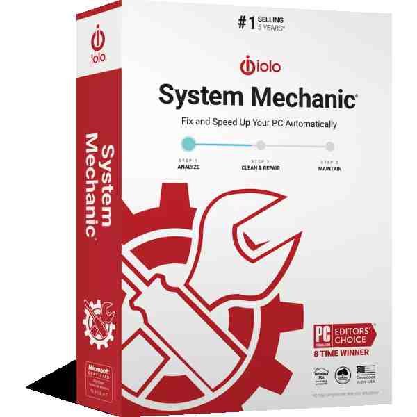 alt=Box design for iolo System Mechanic software, featuring logo, steps to fix PCs, and accolades as a top-selling product.
