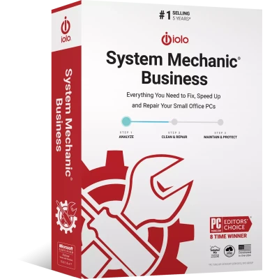 alt=Box design for Iolo's System Mechanic Business software, highlighting features: analyze, clean & repair, and maintain & protect PCs.