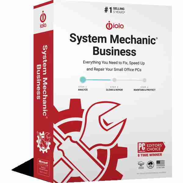 alt=Box design for Iolo's System Mechanic Business software, highlighting features: analyze, clean & repair, and maintain & protect PCs.
