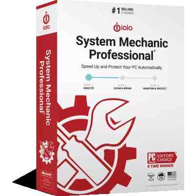 alt=Box for Iolo's System Mechanic Professional, showcasing features to analyze, clean, repair, and protect PCs; award-winning software.