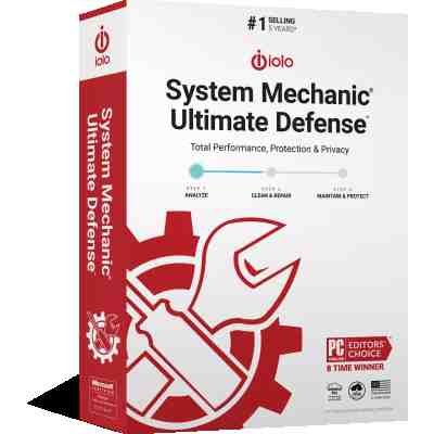 alt=A box for iolo's System Mechanic Ultimate Defense featuring a gear and wrench graphic, highlighting performance, protection, and privacy.
