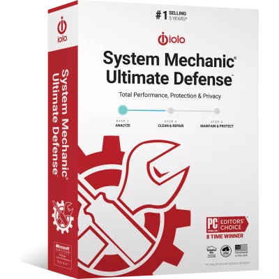 alt=A box for iolo's System Mechanic Ultimate Defense featuring a gear and wrench graphic, highlighting performance, protection, and privacy.