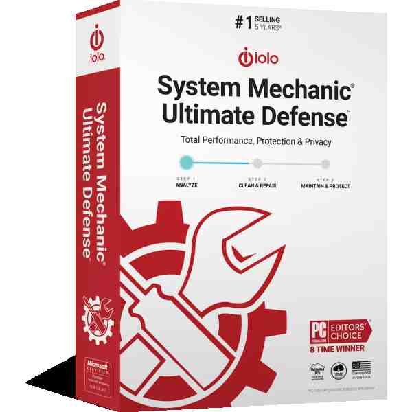 alt=A box for iolo's System Mechanic Ultimate Defense featuring a gear and wrench graphic, highlighting performance, protection, and privacy.