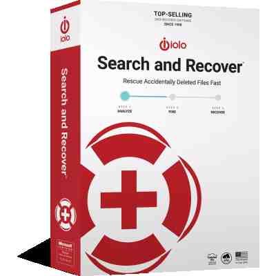 alt=Box for "iolo Search and Recover" software, featuring a recovery icon, steps to recover files, and claims top-selling status since 1998.