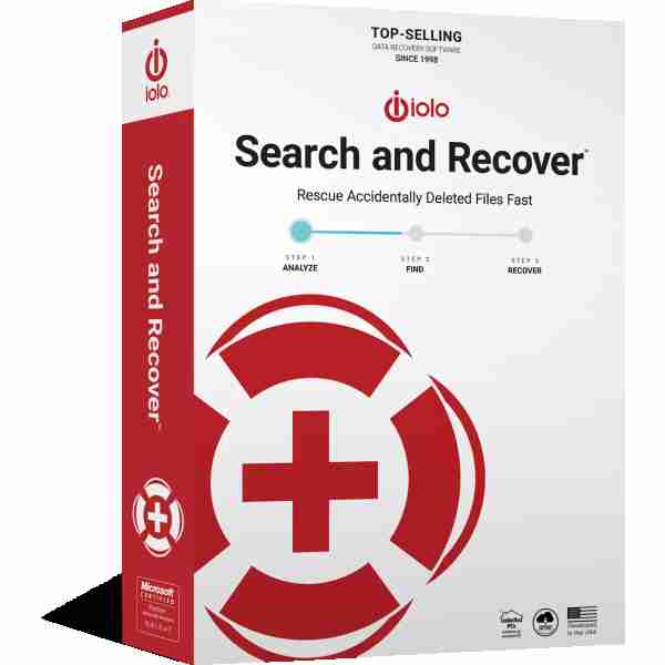 alt=Box for "iolo Search and Recover" software, featuring a recovery icon, steps to recover files, and claims top-selling status since 1998.