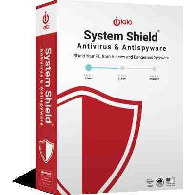 alt=Packaging of iolo System Shield antivirus software, featuring steps to scan, clean, and protect against viruses and spyware.
