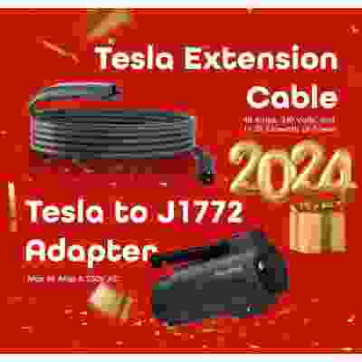 alt=Tesla to J722 adapter cable: A black cable with Tesla and J722 connectors, allowing for seamless charging compatibility.
