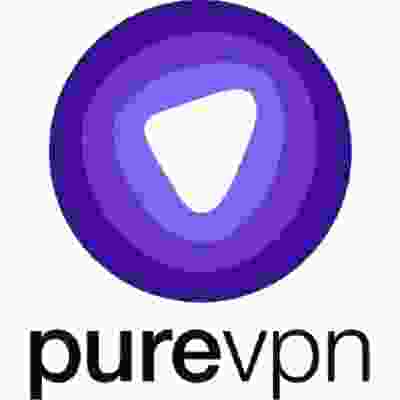 alt=PureVPN logo on purple and black background.