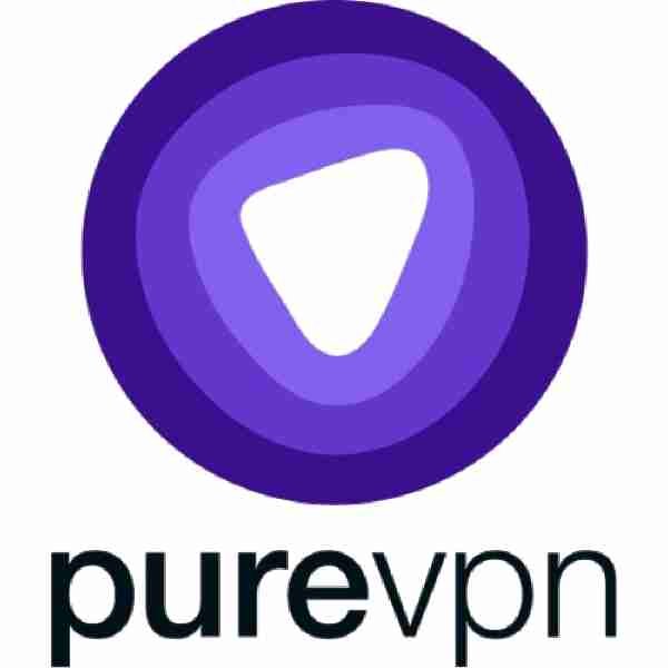 alt=PureVPN logo on purple and black background.