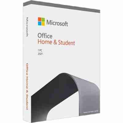 alt=Microsoft Office Home and Student 2021 software package displayed on a desk with a laptop and stationery in the background.