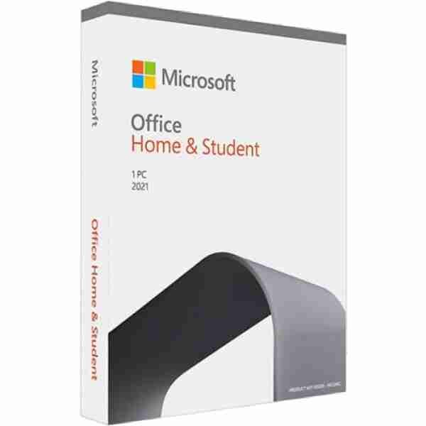 alt=Microsoft Office Home and Student 2021 software package displayed on a desk with a laptop and stationery in the background.