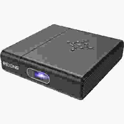 alt=A compact black projector emitting a blue light. Manufactured by Rexing.