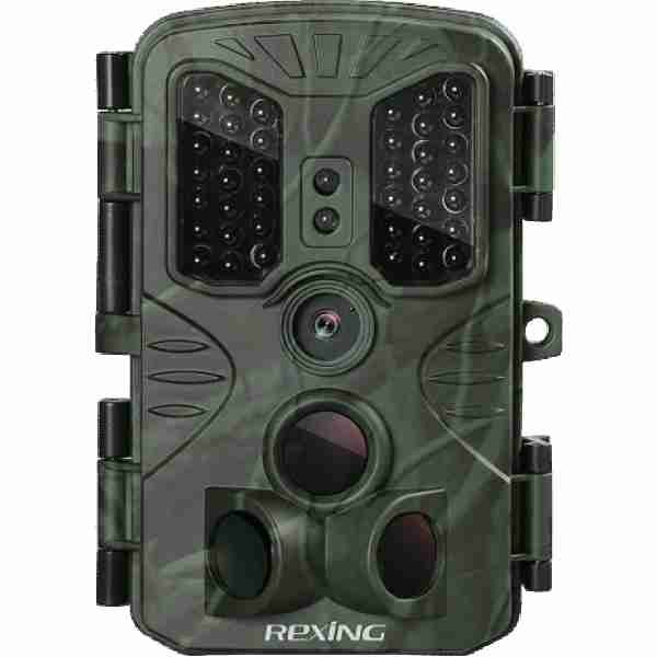 alt=Waterproof trail camera by Rexing capturing wildlife in its natural habitat.