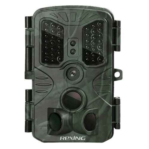 alt=Waterproof trail camera by Rexing capturing wildlife in its natural habitat.