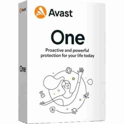 alt=Avast One subscription box: A white box with the Avast One logo on it, containing essential cybersecurity tools and services.
