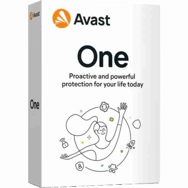 alt=Avast One subscription box: A white box with the Avast One logo on it, containing essential cybersecurity tools and services.