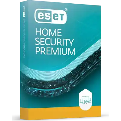 alt=ESET Home Security Premium Box: A compact box displaying the ESET logo, containing advanced security software for home use.