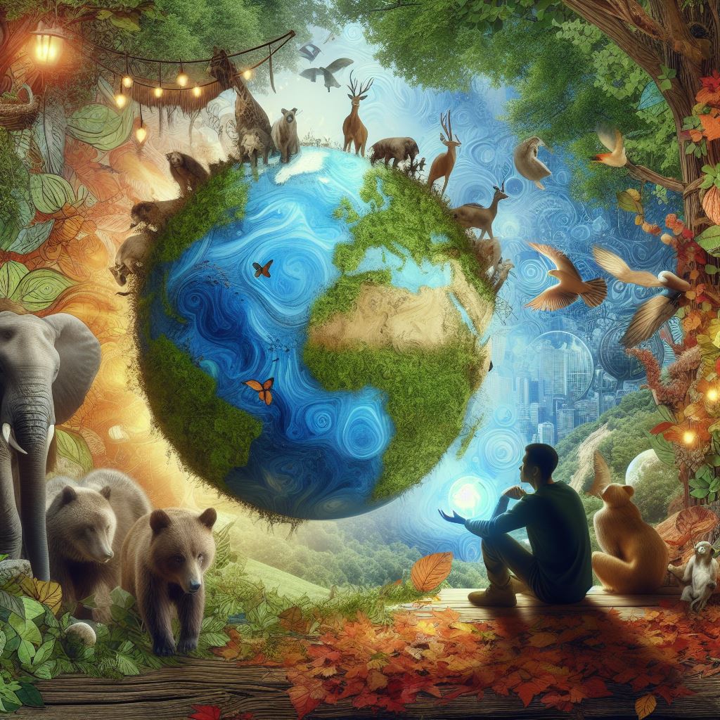 alt=A man sitting in front of a vibrant earth teeming with diverse animals and lush trees. 1. A man enjoying nature's beauty, surrounded by animals and trees on a vibrant earth. 2. An individual peacefully seated before a planet adorned with animals and trees. 3. A serene scene featuring a man in front of a planet filled with animals and trees.