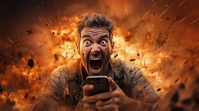 alt=A man holding a cell phone in front of an explosion, capturing a dangerous and intense moment.