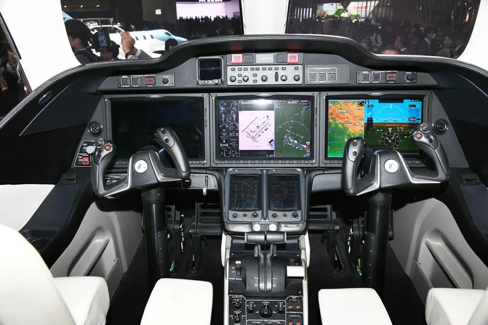 alt=the cockpit of an airplane with multiple screens