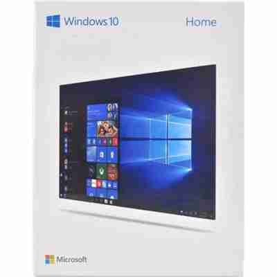 alt=Box cover of Windows 10 Home edition, featuring a visual of the desktop interface with the Windows logo and Microsoft branding.