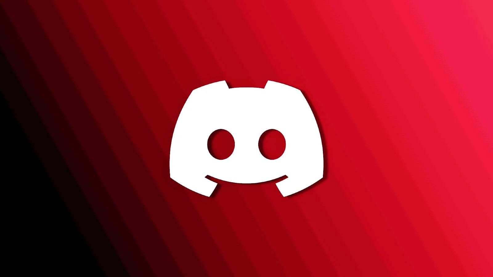 alt=Discord logo: white face, red eyes, red and black background.