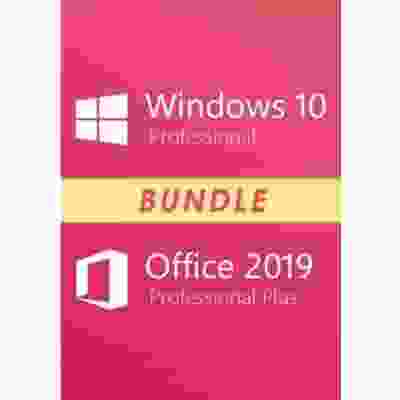 alt= Windows 10 Pro and Office 2019 Pro Plus software package for professional use.