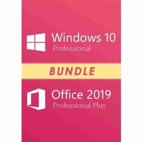 alt= Windows 10 Pro and Office 2019 Pro Plus software package for professional use.
