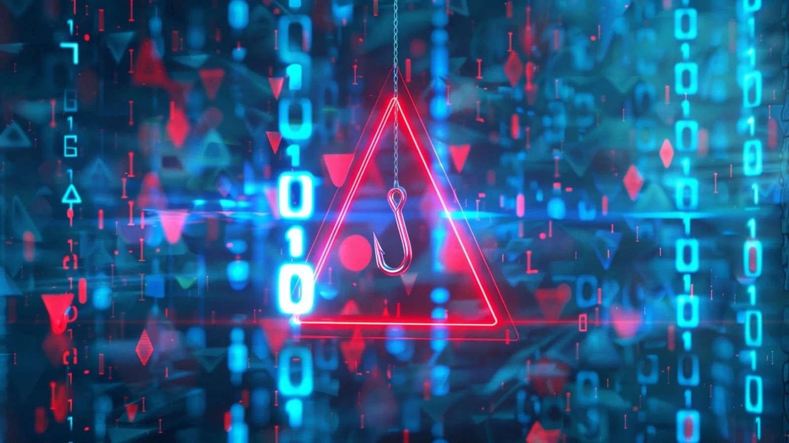 alt=Red triangle with red and blue arrows, symbolizing phishing tactics.