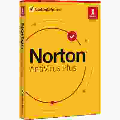 alt=Image of Norton Antivirus Plus 1 Year subscription package with logo and product details on a white background.