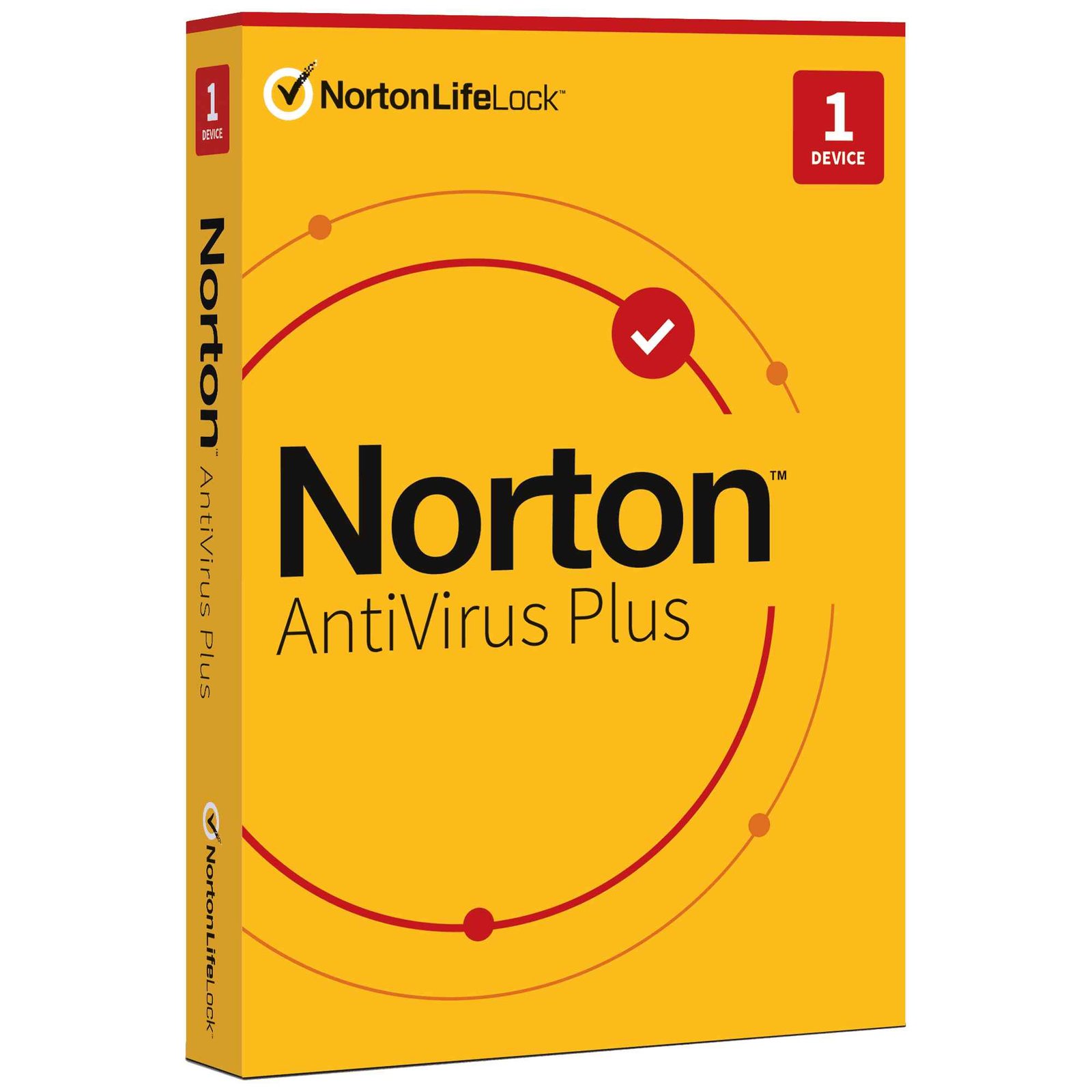 alt=Image of Norton Antivirus Plus 1 Year subscription package with logo and product details on a white background.