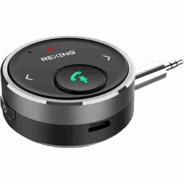 alt=1. Mini Bluetooth transmitter for cars by REXING, model AUXB0. Features Bluetooth 5.1 technology.