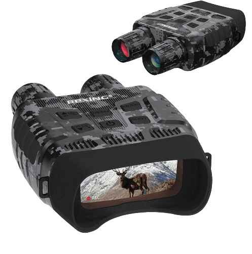 alt=Night vision binoculars designed for camera use, featuring camo pattern. Enhance visibility in low-light conditions.