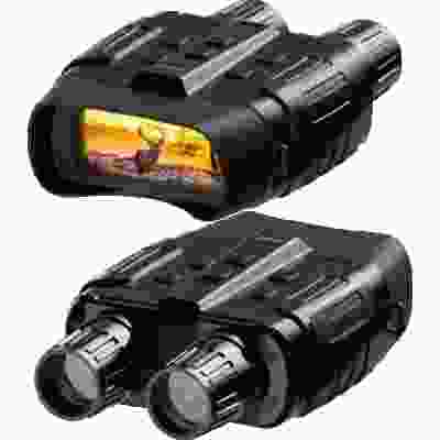 alt=Two night vision binoculars with a deer in the background, showcasing advanced technology for wildlife observation.
