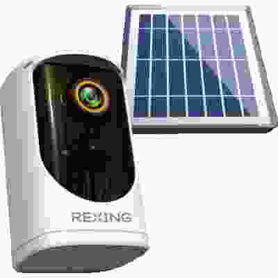 alt=Rexing solar powered wireless security camera: A compact camera powered by solar energy for wireless surveillance.