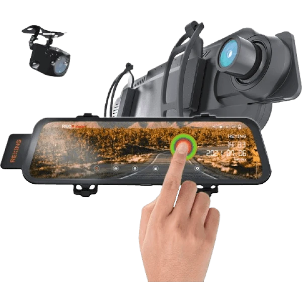 alt=Alt text: 'Rexing M1 HD Dual Channel Rear View Mirror Dash Cam - Car DVR with Rear View Camera.'"