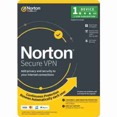 alt=1. Norton Secure VPN logo with a shield icon, lock symbol, and green checkmark on a blue background.