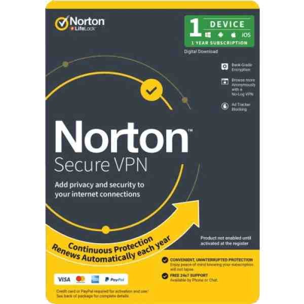 alt=1. Norton Secure VPN logo with a shield icon, lock symbol, and green checkmark on a blue background.
