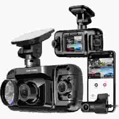 alt=1. A sleek black Rexing dash cam mounted on a car windshield, capturing the road ahead. 2. A compact Rexing camera attached to a vehicle's dashboard, recording the street view. 3. An advanced Rexing car camera installed on a car's front window, filming the traffic scene.