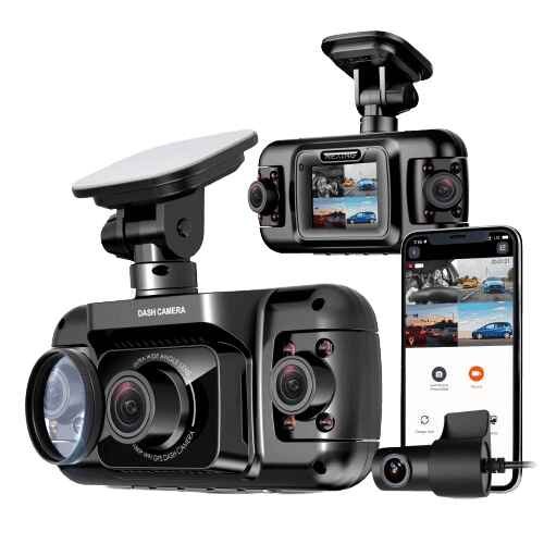 alt=1. A sleek black Rexing dash cam mounted on a car windshield, capturing the road ahead. 2. A compact Rexing camera attached to a vehicle's dashboard, recording the street view. 3. An advanced Rexing car camera installed on a car's front window, filming the traffic scene.