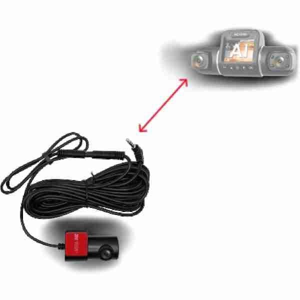alt=REXING W1 Multimedia Receiver W/ Backup Camera connected to car via red wire.